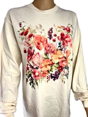 Gildan Cream Long Sleeve Tee with Multicolor Floral Print